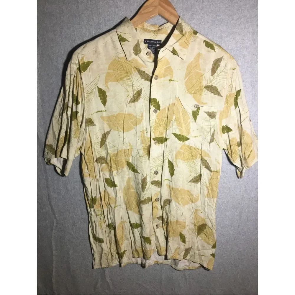 Mens Knightsbridge Button Up Shirt Leaves Rayon Casual Wooden Buttons Beachy